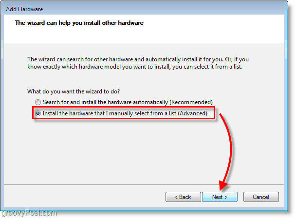 Screenshot Jaringan Windows 7 - klik instal perangkat keras yang secara manual saya pilih forma list (Advanced)