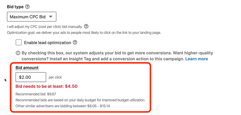 tangkapan layar pesan berwarna merah yang mengatakan 'Tawaran LinkedIn harus setidaknya $ 4,50'