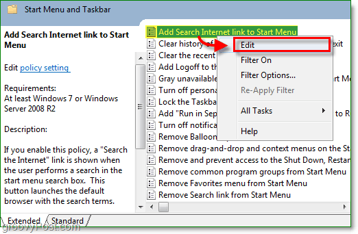 klik tautan tambah pencarian internet untuk memulai menua dan kemudian klik opsi edit dari menu konteks klik kanan windows 7