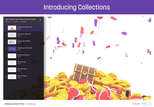 Fitur Koleksi baru memungkinkan streamer memamerkan dan mempromosikan video terbaik mereka di Twitch.