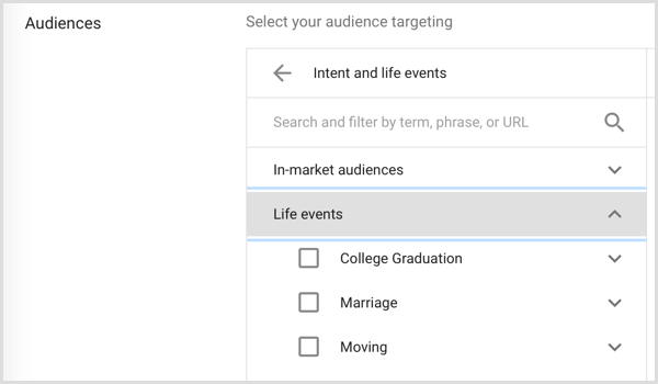 Audiens Google Adwords menargetkan peristiwa kehidupan