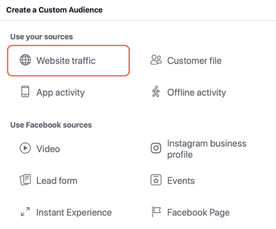 Cara membuat iklan jangkauan Facebook, contoh pengaturan audiens lalu lintas situs web untuk iklan
