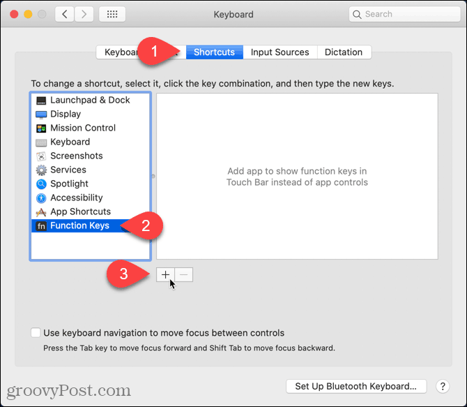 Klik ikon plus di layar Mac Shortcuts