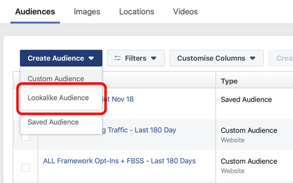 Pilihan untuk membuat Audiens Mirip Facebook di bawah Buat Audiens di Manajer Iklan Facebook.