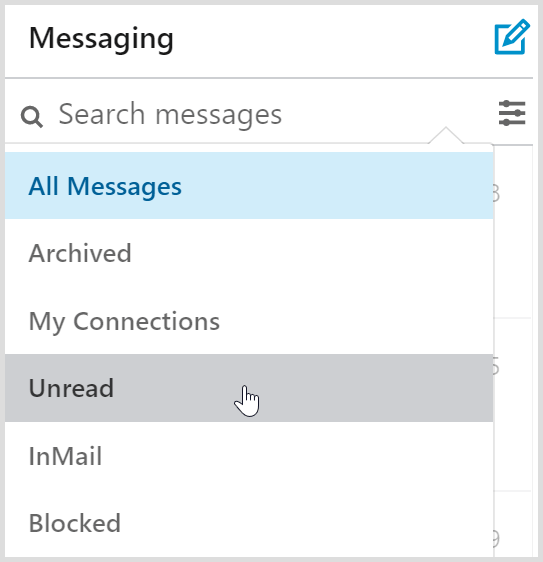 Filter kotak masuk pesan LinkedIn menyertakan filter pesan yang belum dibaca.