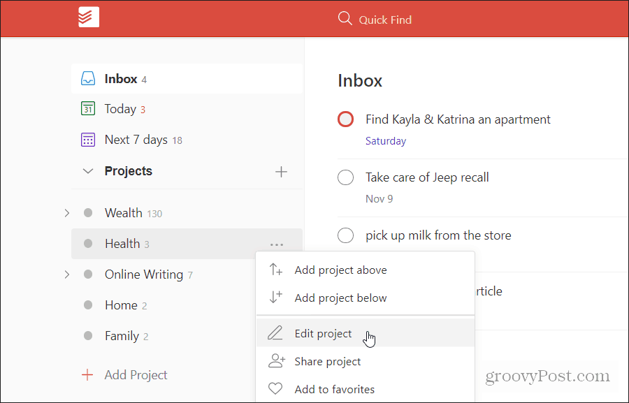 mengedit proyek todoist