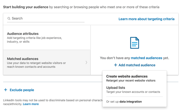 Cara membuat iklan teks LinkedIn, langkah 6, Mulai membangun audiens Anda, opsi audiens yang cocok