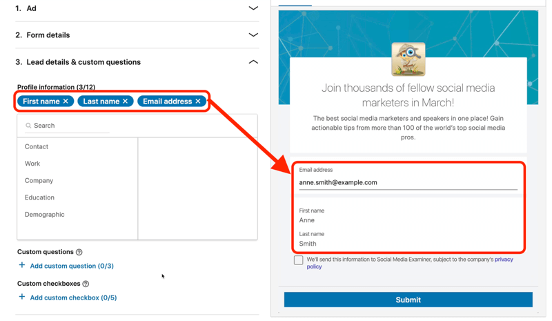 screenshot pengaturan default untuk formulir lead gen di pengaturan iklan LinkedIn
