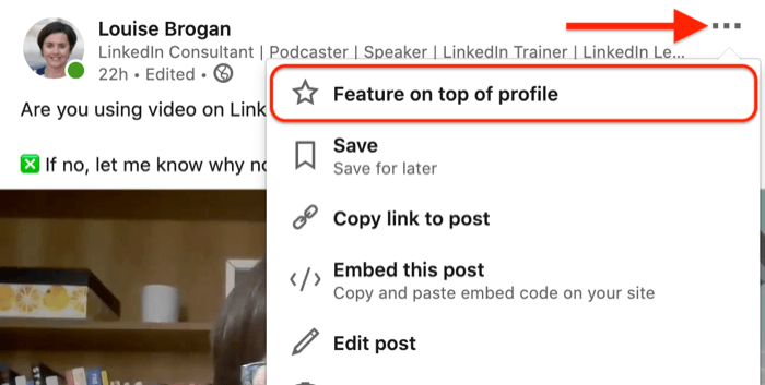 opsi menu tiga titik untuk menampilkan postingan video yang ditautkan di atas profil