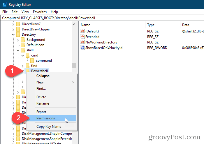 Pilih Izin untuk kunci Powershell di Windows Registry Editor