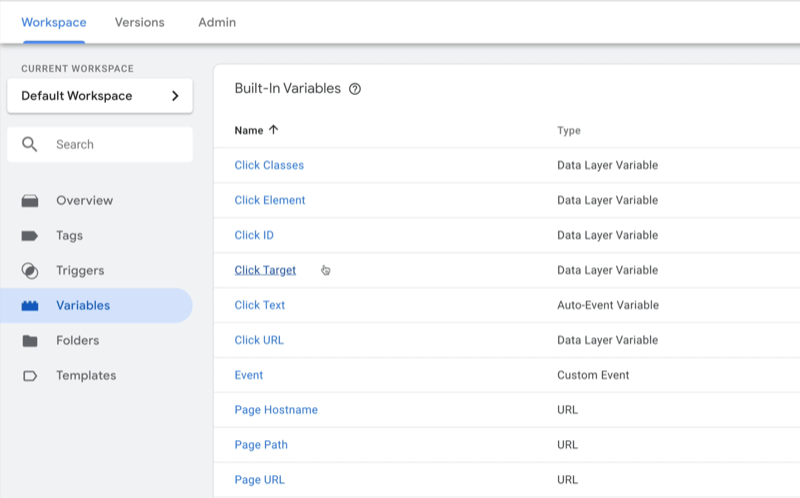 contoh ruang kerja dasbor pengelola tag google dengan variabel yang dipilih dan beberapa variabel contoh ditampilkan dengan jenis yang dicatat untuk masing-masing