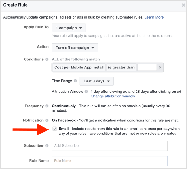 Notifikasi email aturan otomatis Pengelola Iklan Facebook