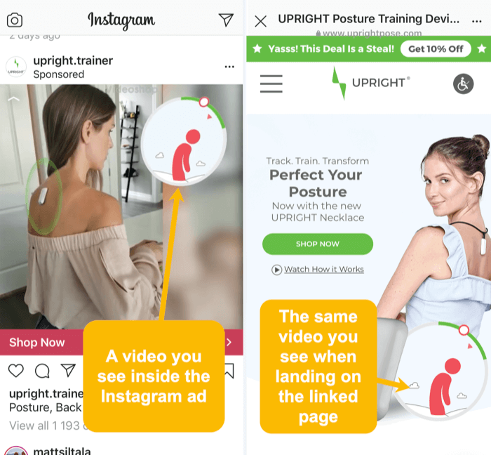 elemen video dan visual yang sama di iklan Instagram dan halaman arahan yang ditautkan