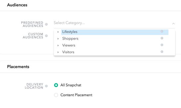 Snapchat memungkinkan Anda memilih audiens dari empat kategori yang telah ditentukan sebelumnya.