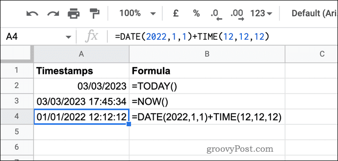 Contoh stempel waktu di Google Sheets