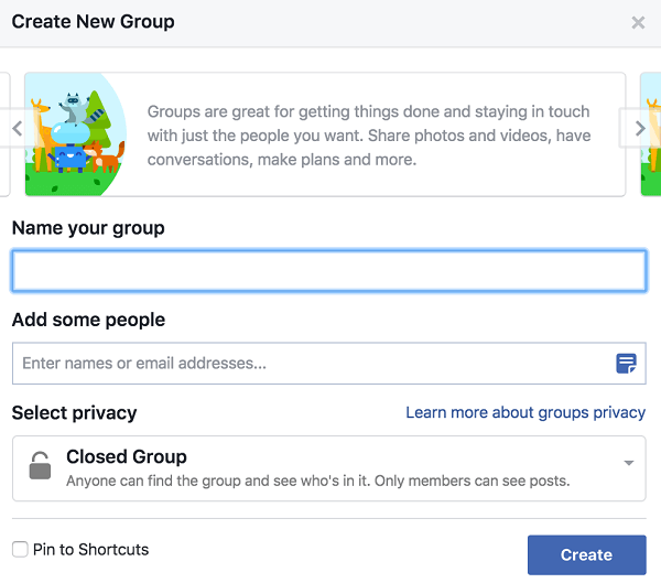 Beri nama grup Anda, tambahkan orang, dan putuskan pengaturan privasinya.