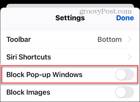 Blokir opsi Pop-up Windows di Pengaturan iPhone Firefox