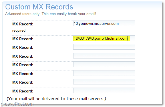 melewati informasi server mx layanan langsung Anda ke halaman opsi lanjutan domain Anda untuk catatan mx kustom