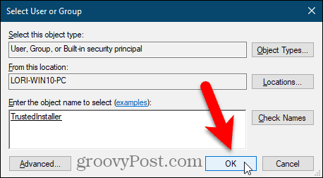 Tutup kotak dialog Pilih Pengguna atau Grup di Windows Registry Editor