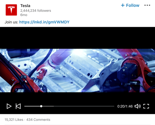 Contoh posting video halaman perusahaan Tesla LinkedIn.