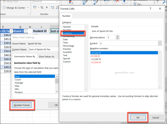 Opsi pemformatan nomor sel untuk tabel pivot di Excel