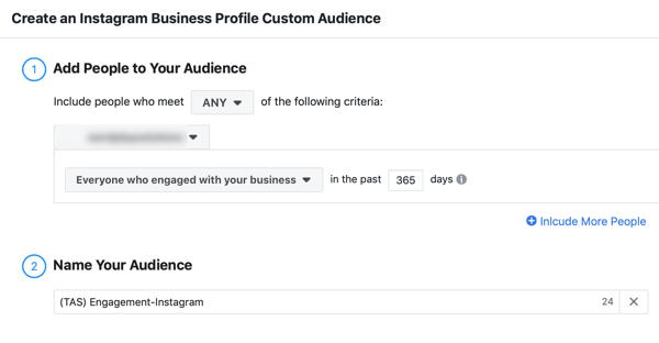Cara mengembangkan pengikut Instagram Anda secara strategis, langkah 4, pengaturan untuk memilih profil Instagram mana dan memasukkan pengunjung dari tahun lalu ke dalam audiens Anda