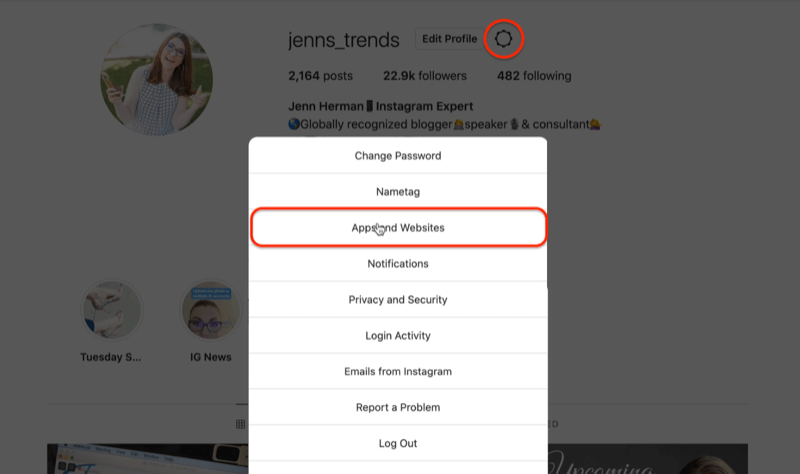 ikon roda gigi profil instagram, edit opsi menu pengaturan yang menyoroti opsi aplikasi dan situs web