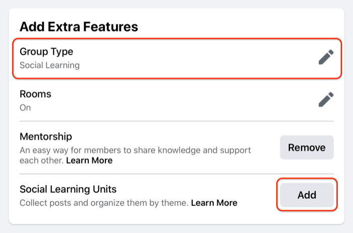 contoh pengaturan unit grup facebook yang menyorot opsi tipe grup
