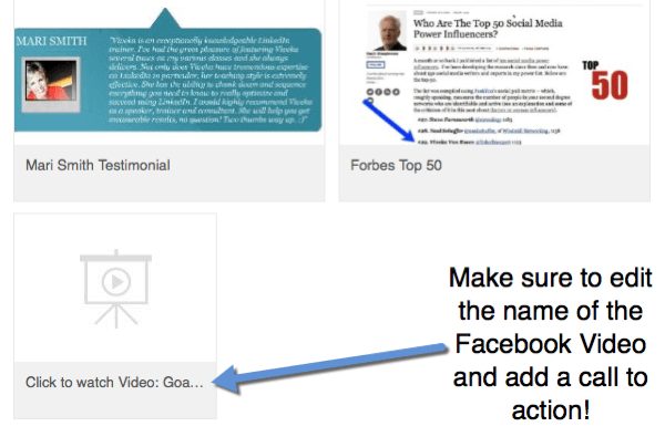 Saat Anda menambahkan tautan video Facebook ke profil Anda, edit judul untuk menyertakan ajakan bertindak untuk menonton video.