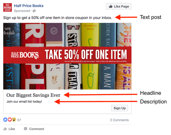 Ada tiga area untuk teks dalam iklan Facebook.
