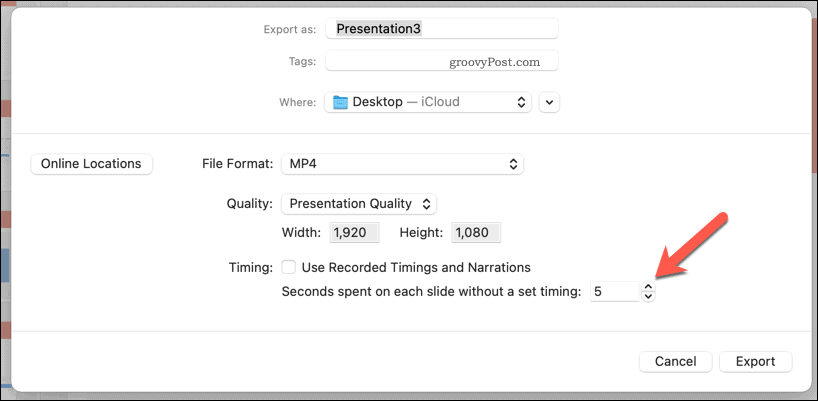 Menggunakan pengaturan waktu manual untuk video yang diekspor di PowerPoint di Mac