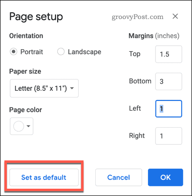 Pengaturan Halaman ditetapkan sebagai tombol default di Google Documents