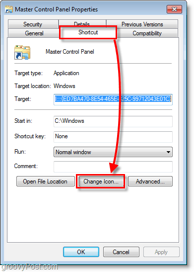 Tangkapan layar Windows 7 - cara mengubah ikon untuk pintasan