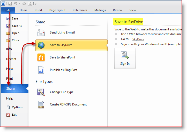 Simpan dokumen ke penyimpanan online SkyDrive