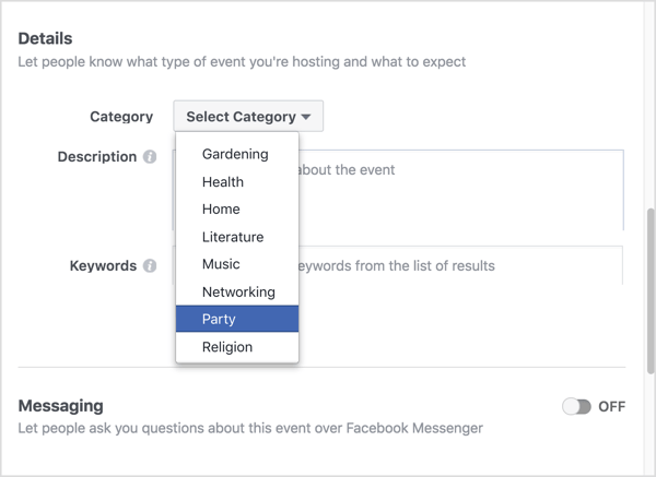 Pilih kategori yang paling tepat menggambarkan acara Facebook virtual Anda.