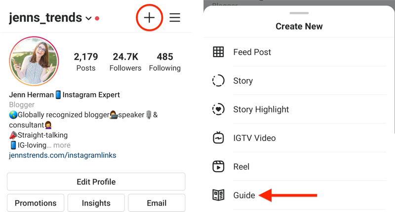 contoh profil instagram dengan ikon + disorot dan menu pop-up buat baru ditampilkan dengan opsi panduan disorot