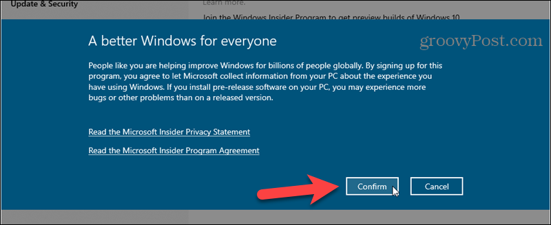 Konfirmasikan pendaftaran Program Orang Dalam Windows