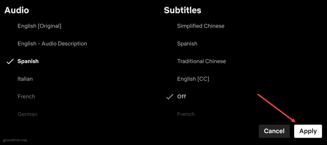 pilih audio dan subtitle