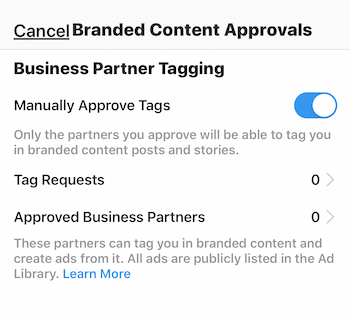 Pengaturan persetujuan konten bermerek Instagram untuk profil bisnis