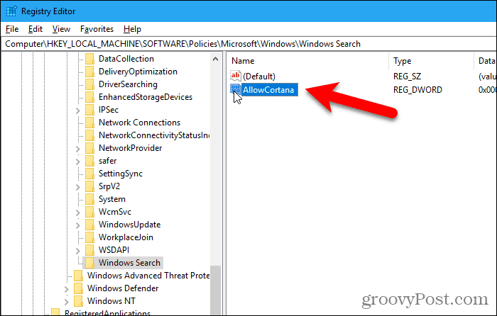 Klik dua kali nilai AllowCortana di Editor Registri