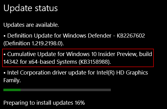 Pembaruan Windows 10 KB3158988 untuk Preview Build 14342 untuk PC