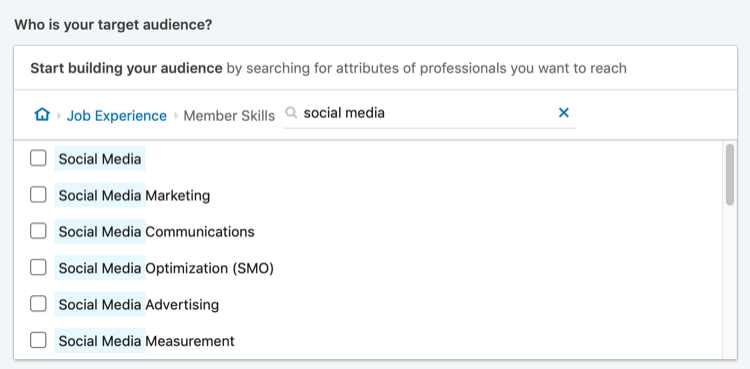 hasil pencarian 'media sosial' untuk penargetan keterampilan anggota LinkedIn