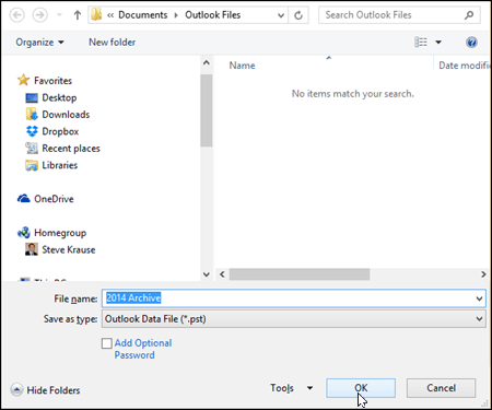 Outlook 2016 - Pilih nama dan lokasi file PST