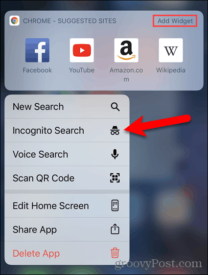 Tekan lama ikon Chrome dan pilih pencarian Penyamaran