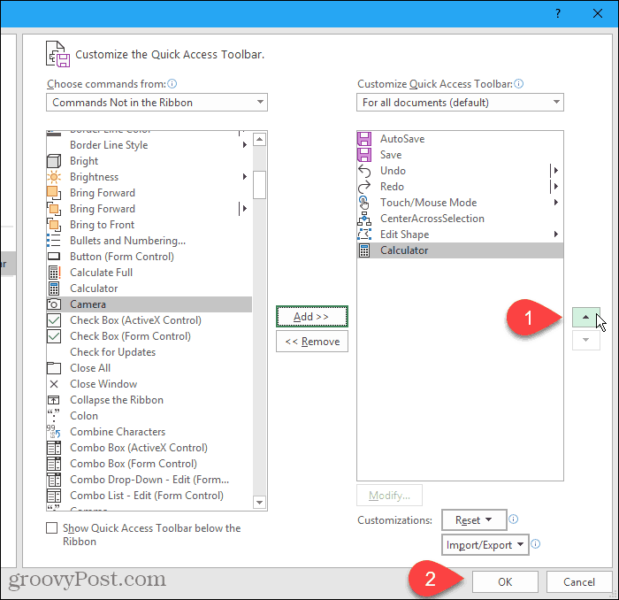 Pindahkan Kalkulator ke atas pada kotak dialog Opsi Excel