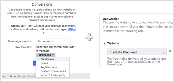 Buat kampanye Facebook dengan tujuan Konversi Web dan pilih tindakan yang Anda ingin audiens lakukan.