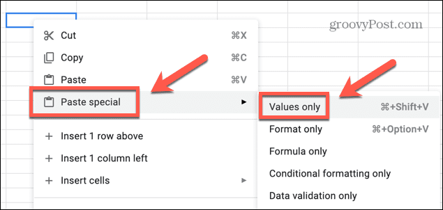 google sheets menempelkan nilai khusus