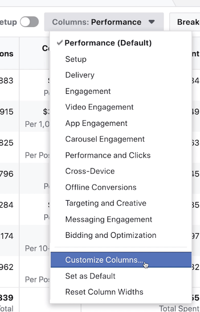 Columns-Performance drop-down menu di Facebook Ads Manager
