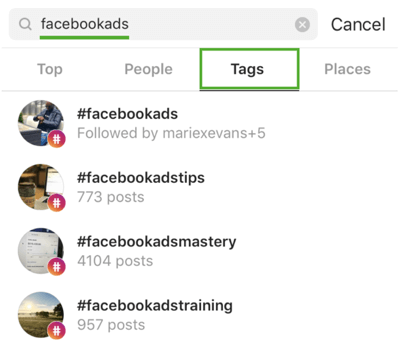 Cara mengembangkan pengikut Instagram Anda secara strategis, langkah 9, temukan tagar yang relevan, contoh penelusuran untuk 'facebookads'