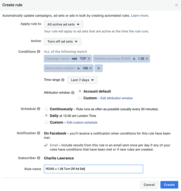 Gunakan aturan otomatis Facebook, hentikan iklan saat ROAS turun di bawah minimum, langkah 4, nama aturan